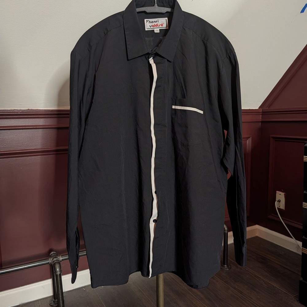 HENRI VALDISE vintage Black Dress Shirt White Trim Avant Garde